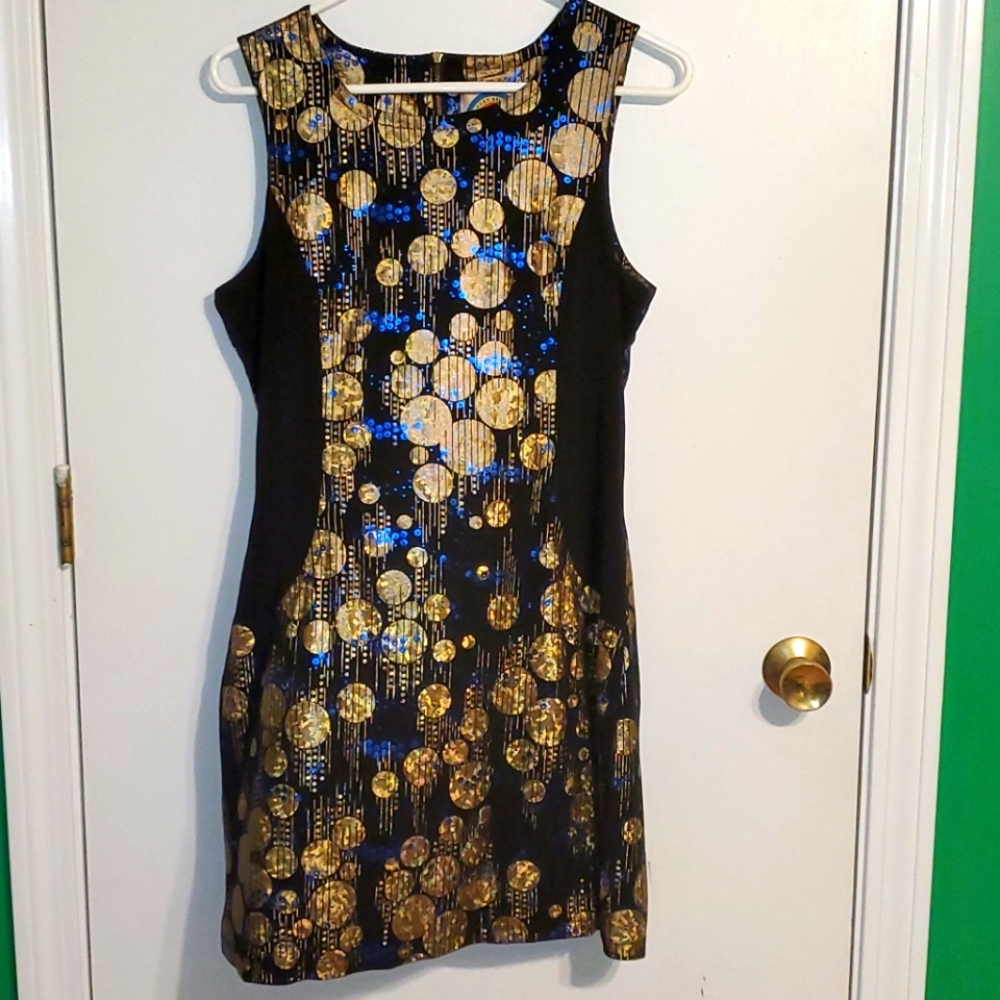 Ruby Belle size 8 gold, blue, black shiny dress